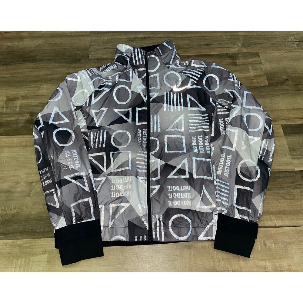 Nike Reflective Women's Nylon Grey Windbreaker Jacket Large Geometric Mock